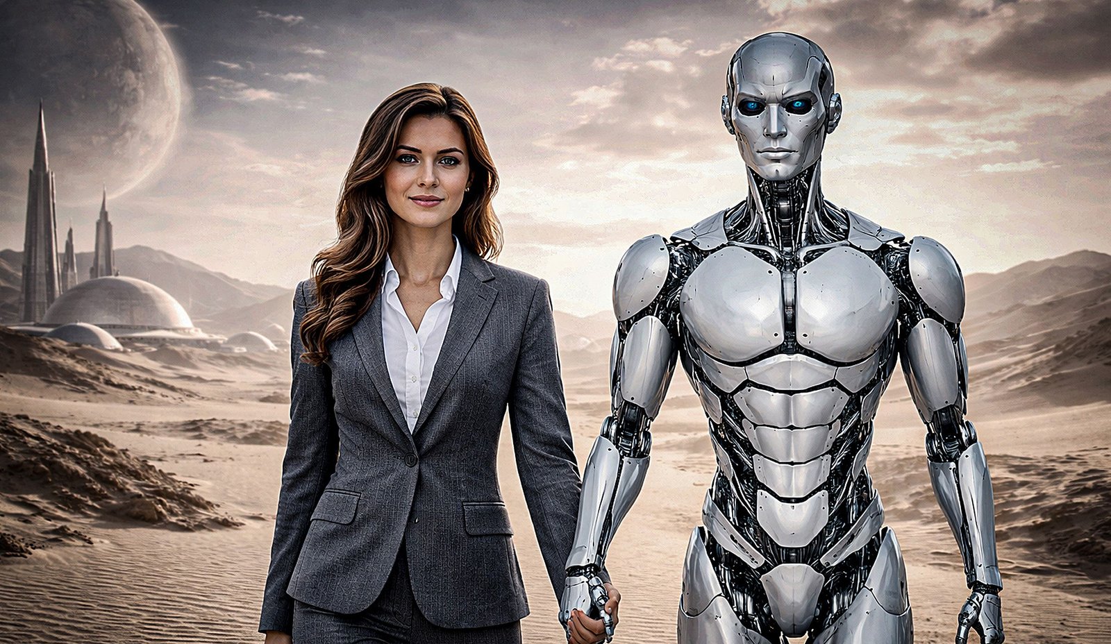 Frau und Roboter stehen nebeneinander in einer Wüstenlandschaft