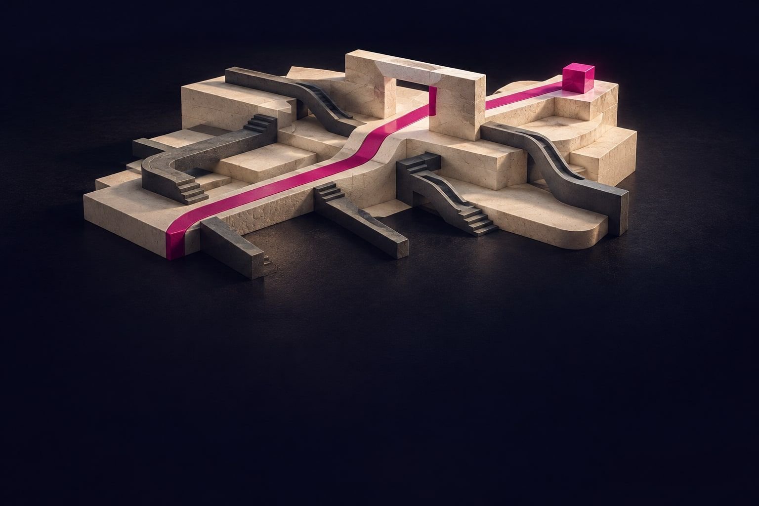 Ein Architekturmodell zeigt einen klaren magentafarbenen Weg durch verzweigte Passagen zum Ziel